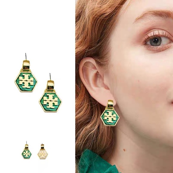 Tory Burch Jewelry - Tory Burch Green Hexagon Logo Drop Earrings